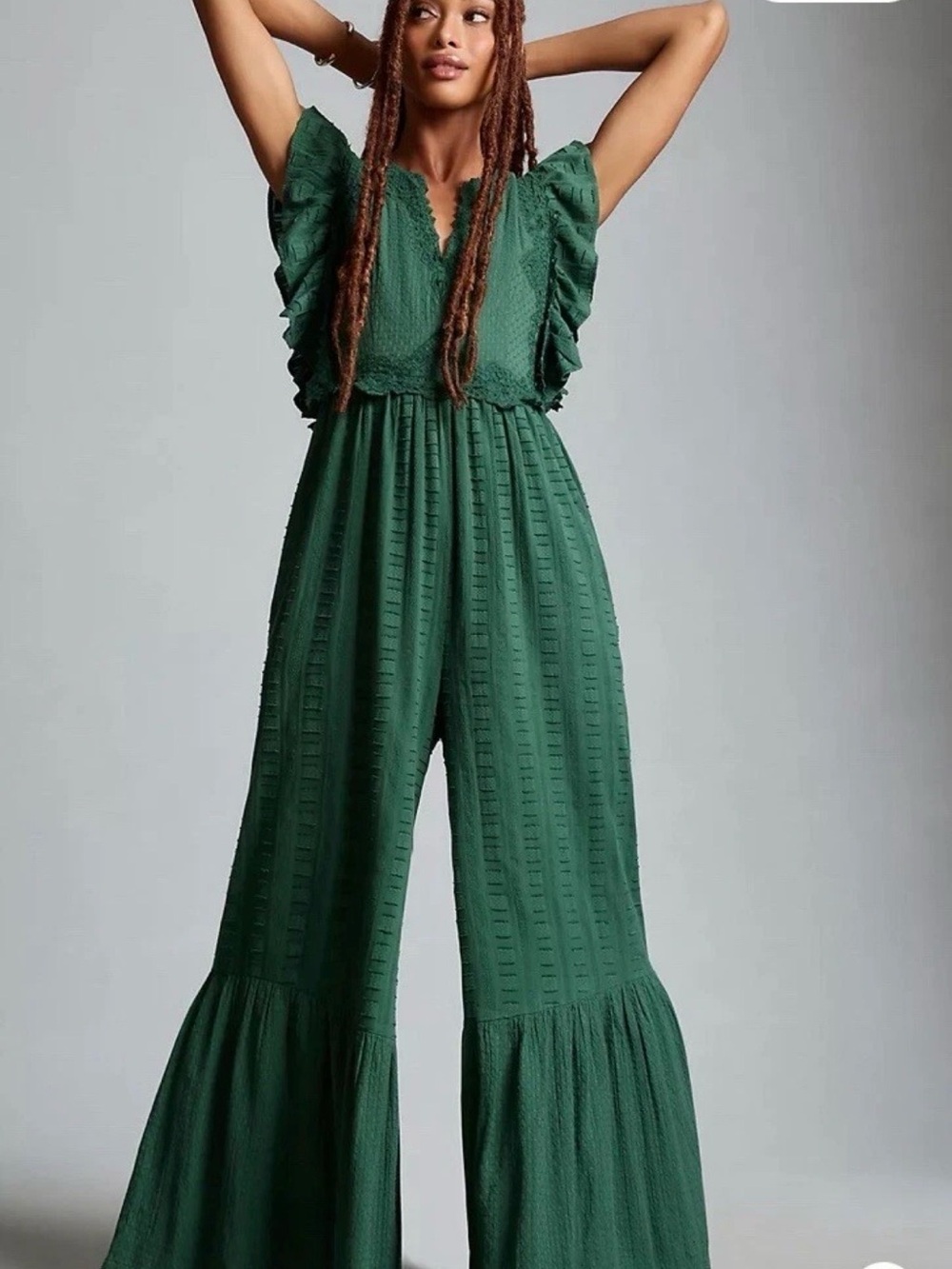Anthropologie Forest Green Textured Wide-Leg Jumpsuit